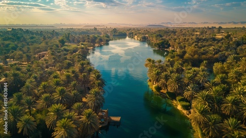 Aerial view of the Al Ain Oasis in the UAE, showcasing the extensive palm groves, traditional falaj irrigation system, and surrounding desert landscape. 