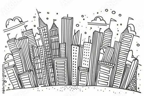 Cartoon cute doodles of a city skyline with skyscrapers rising into the sky, their edges converging towards two vanishing points, Generative AI