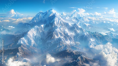 Aerial view of the Himalayas, including Mount Everest, with towering snow-capped peaks and deep valleys stretching across Nepal and Tibet. 
