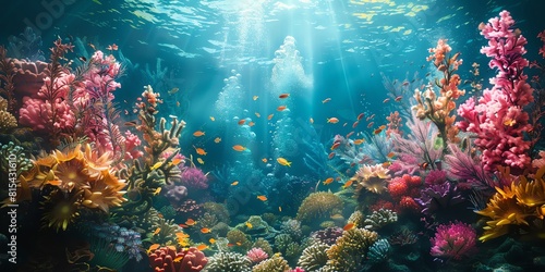 Documentary photography  A serene underwater landscape featuring a vibrant coral reef bustling with colorful fish and a gentle current swaying the sea plants