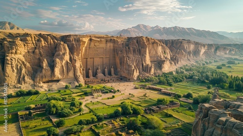 Aerial view of the Bamiyan Valley in Afghanistan, featuring the site of the destroyed Buddha statues set against the dramatic cliffs and lush valley.      photo