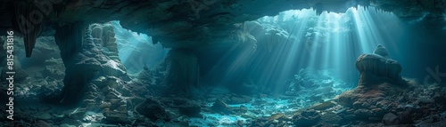 Documentary photography,A surreal underwater cave system, with intricate rock formations and shafts of light filtering down from small openings in the ceiling © patpongstock
