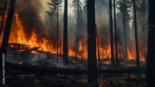 A raging forest fire with flames engulfing trees and billowing smoke darkening the sky