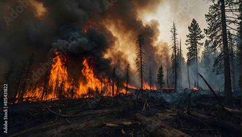 A raging forest fire with flames engulfing trees and billowing smoke darkening the sky