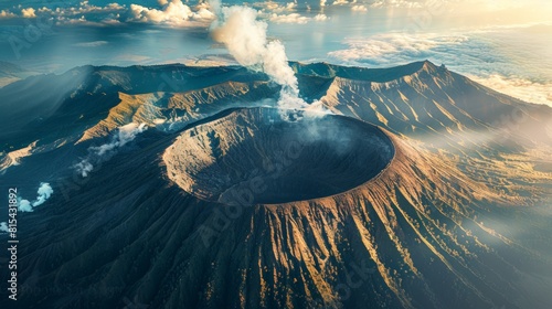 Aerial view of Mount Bromo in Indonesia, with its smoking crater surrounded by the vast Tengger Caldera and the Sea of Sand.      photo