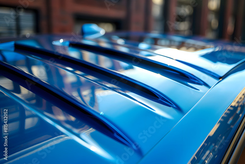 Glossy blue sports car hood design close-up photo