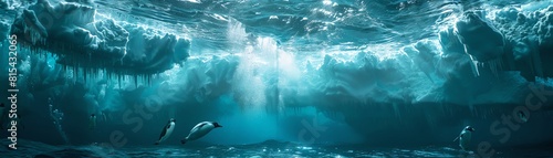 Magazinestyle photo of An icy underwater landscape beneath the polar ice cap, featuring a group of penguins diving into the crystal clear waters amongst floating icebergs photo