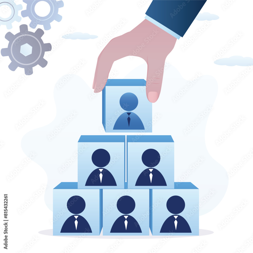 Hand putting blocks into pyramid. Selecting personnel, HRM, Human Resources Management. Businessman boss selecting staff. Recruitment leadership, human development, Hand putting blocks into pyramid. Selecting personnel, HRM, Human Resources Management. Businessman boss selecting staff. Recruitment leadership, human development,