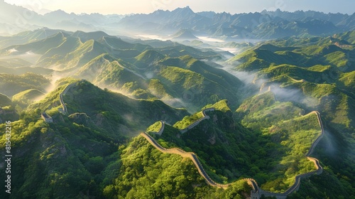 Aerial view of the Great Wall of China stretching across rugged mountains and valleys, with sections winding over steep ridges and through lush forests. 