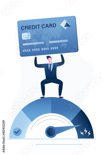 Customer holds plastic card and standing on credit gauge with bad rating. unreliable borrower, bankrupt. Poor credit score for credit cards. Businessman with bad personal financial plan.