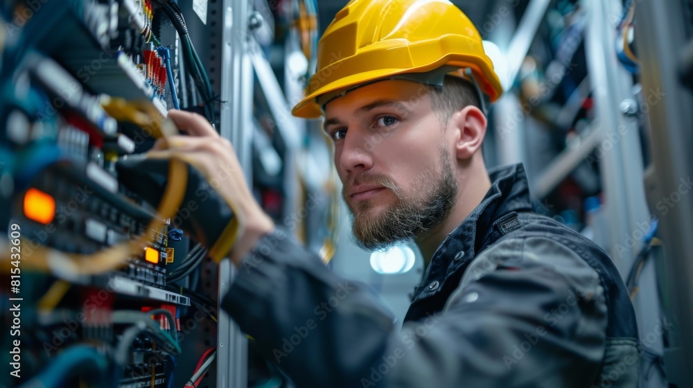 A mechanic repairing a fault in the cooling system of a data center. A mechanic repairing a fault in the cooling system of a data center.