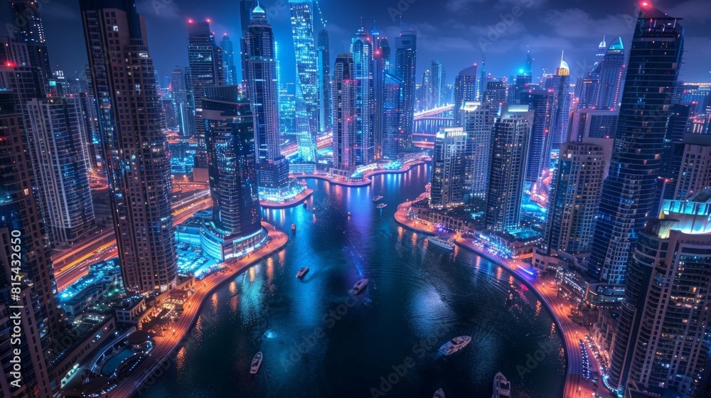 Aerial view of the Dubai Marina in UAE, with its modern skyscrapers, luxury yachts, and the winding canal reflecting the city lights at night.     