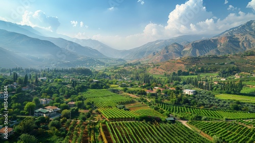 Aerial view of the Bekaa Valley in Lebanon, showcasing the fertile valley with vineyards, farmlands, and the surrounding mountain ranges. 