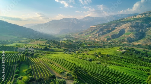 Aerial view of the Bekaa Valley in Lebanon, showcasing the fertile valley with vineyards, farmlands, and the surrounding mountain ranges.      photo