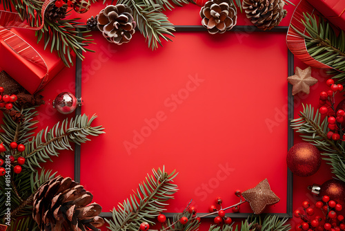 Festive christmas frame with decorations on red background