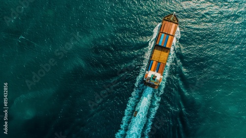 A large ship is sailing through the ocean with a wake behind it