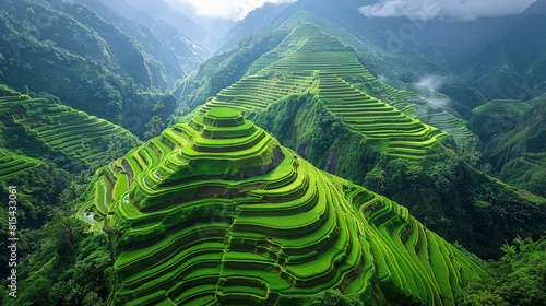Aerial view of the Banaue Rice Terraces in the Philippines, with their intricate stepped fields carved into the mountainsides and surrounded by lush greenery.      © mogamju