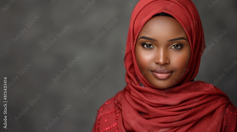 A woman, clad in a red headscarf and shawl covering her head, smiles warmly at the camera A woman, clad in a red headscarf and shawl covering her head, smiles warmly at the camera