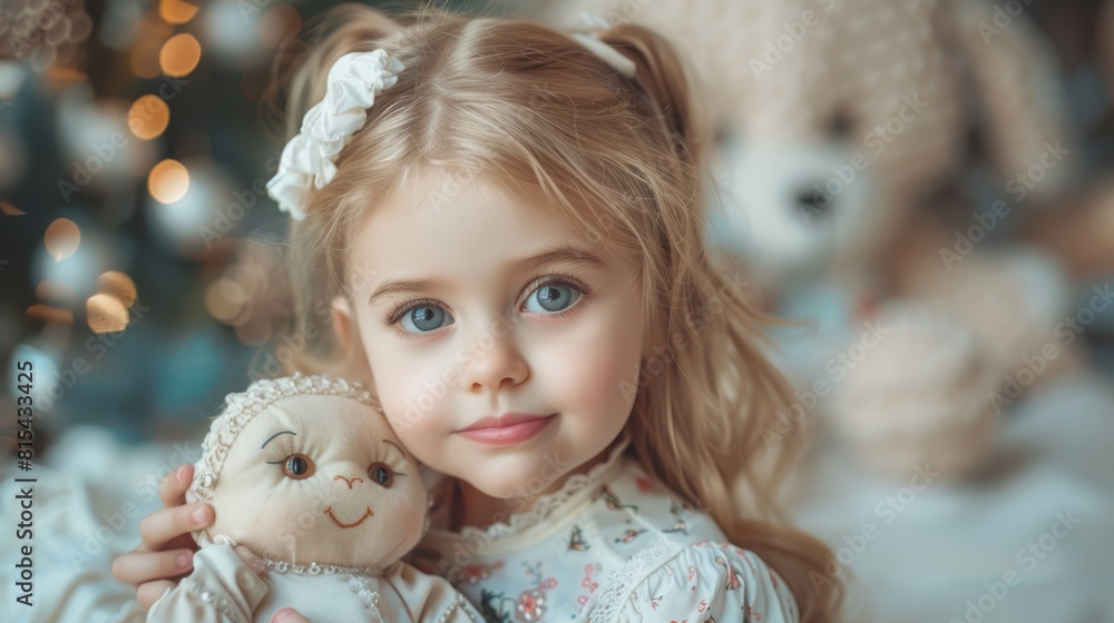 A young girl stands before a Christmas tree, cradling a bear in the foreground A young girl stands before a Christmas tree, cradling a bear in the foreground