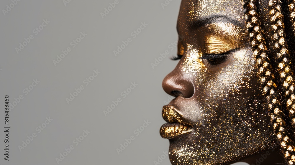 A tight shot of a woman's face adorned with gold paint and intricate braids in her hair A tight shot of a woman's face adorned with gold paint and intricate braids in her hair