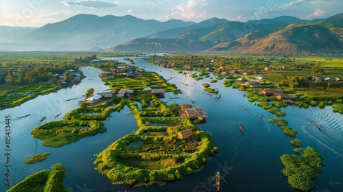 Aerial view of the Inle Lake in Myanmar, featuring floating gardens, stilt houses, and traditional fishermen on their boats against a backdrop of mountains.      photo