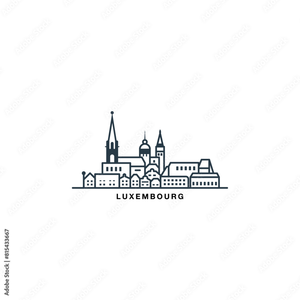 Obraz premium Luxembourg cityscape skyline city panorama vector flat logo icon. Travel badge idea with landmarks and building silhouettes. Isolated thin line style graphic