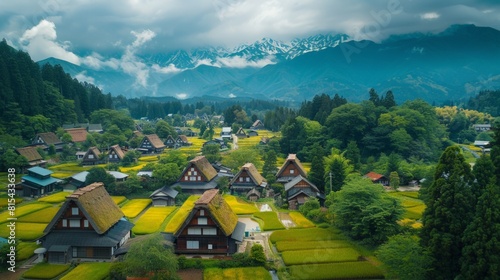 Aerial view of the Shirakawa-go village in Japan, with its traditional gassho-zukuri farmhouses surrounded by rice fields and mountains. 