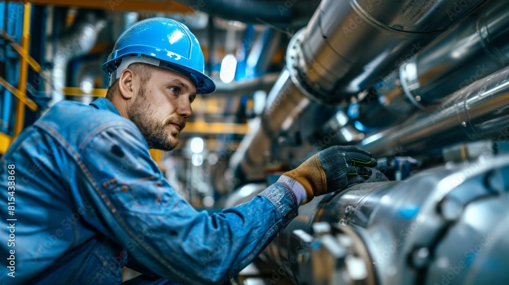A mechanic installing a new exhaust system in an industrial furnace. A mechanic installing a new exhaust system in an industrial furnace.