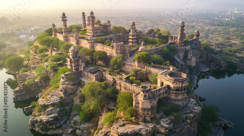 Aerial view of the Chittorgarh Fort in India  showcasing the massive fort complex with its towers  palaces  and temples surrounded by a rocky hilltop.     