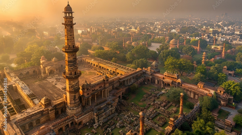 Aerial view of the Qutub Minar in Delhi, India, with its towering minaret and surrounding historic ruins set against the backdrop of the modern city.     