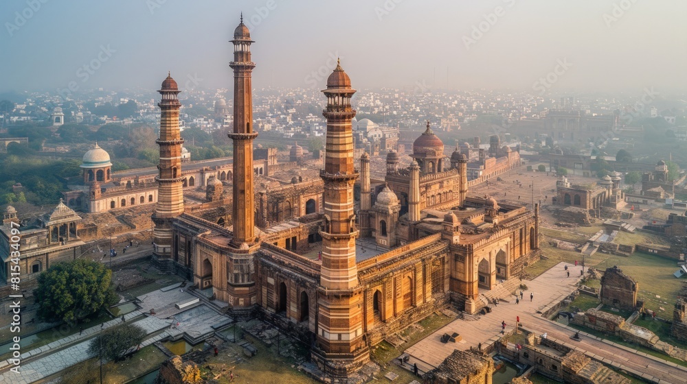 Aerial view of the Qutub Minar in Delhi, India, with its towering minaret and surrounding historic ruins set against the backdrop of the modern city.     