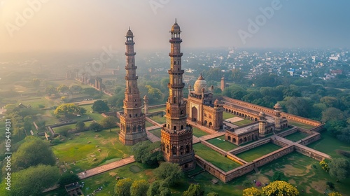 Aerial view of the Qutub Minar in Delhi, India, with its towering minaret and surrounding historic ruins set against the backdrop of the modern city.      photo