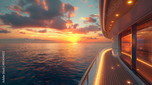Breathtaking Sunset Panorama from the Deck of a Luxurious Yacht over the Vast Ocean