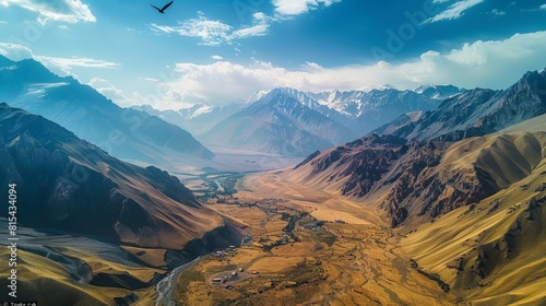 Aerial view of the Pamir Mountains in Tajikistan, showcasing the rugged peaks, deep valleys, and remote villages amidst dramatic landscapes.      photo