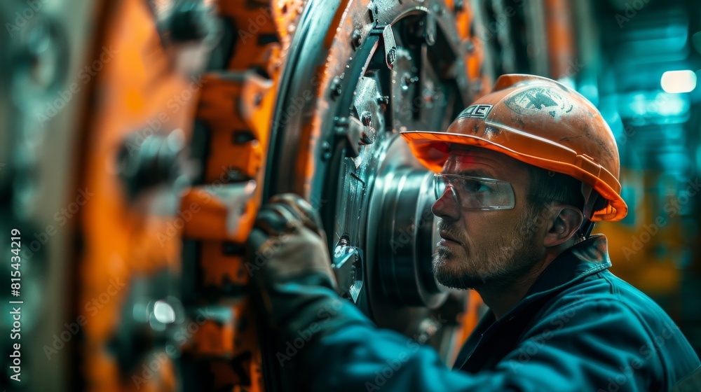 A mechanic inspecting the blade alignment in a large industrial saw. A mechanic inspecting the blade alignment in a large industrial saw.