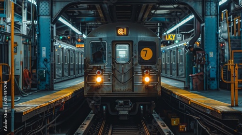 A mechanic inspecting the electrical components of a subway train. photo