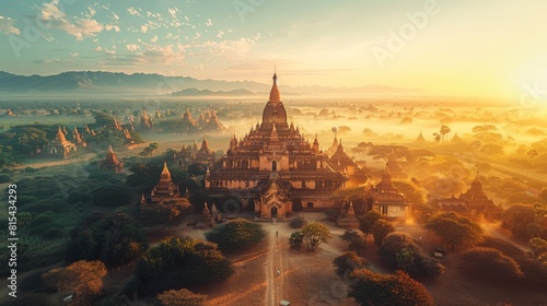 Aerial view of the Bagan Temples in Myanmar, with thousands of ancient pagodas and stupas spread across the vast plains at sunrise. 