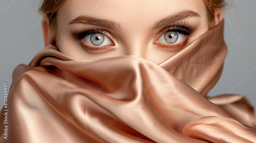 A tight shot of a woman's face, scarf encircling her neck, eyes expressively open A tight shot of a woman's face, scarf encircling her neck, eyes expressively open