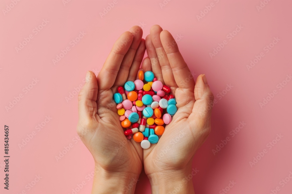 A hand is holding a bunch of colorful pills A hand is holding a bunch of colorful pills