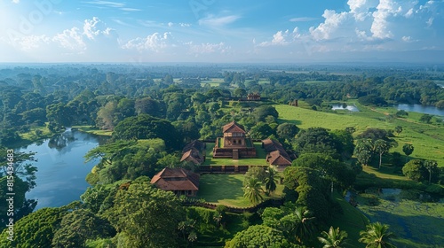 Aerial view of the Anuradhapura in Sri Lanka  featuring its ancient stupas  monasteries  and temples surrounded by lush green landscapes.     