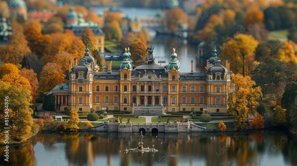 tilt-shift effect Drottningholm Palace, a UNESCO World Heritage Site, is the private residence of the Swedish royal family, surrounded by beautiful gardens.