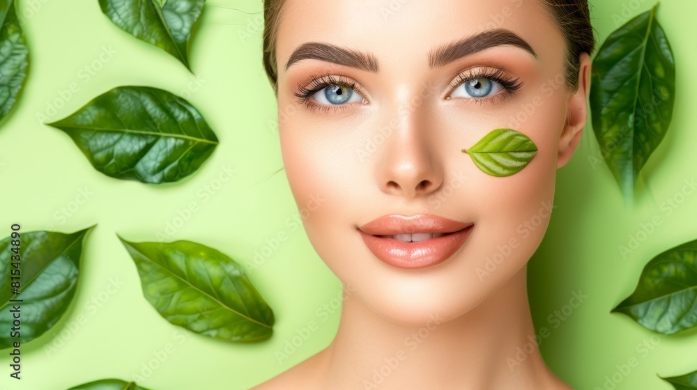 A woman with a green leaf on each cheek A woman with a green leaf on each cheek