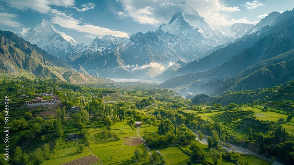 Aerial view of the Hunza Valley in Pakistan, featuring its lush green valley surrounded by snow-capped peaks and traditional villages.     