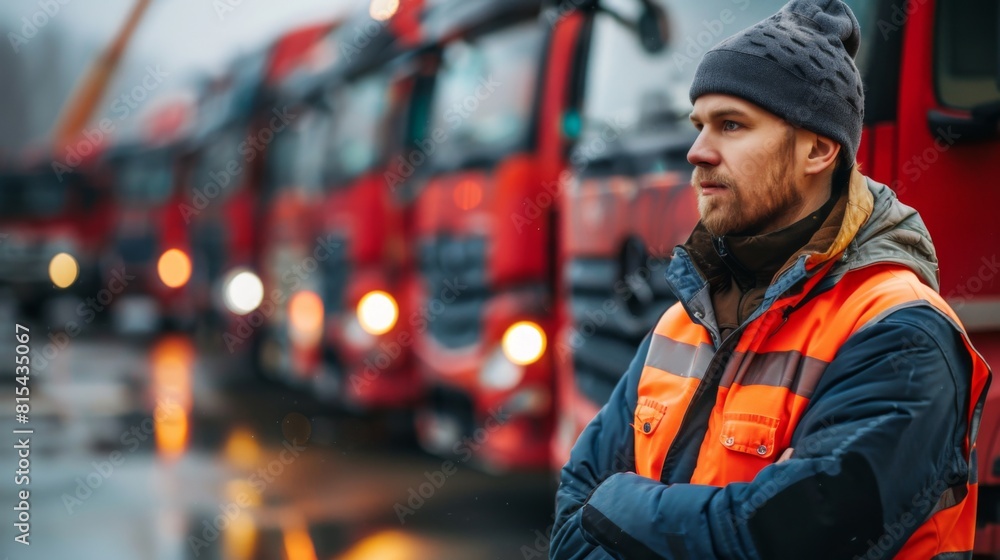 A mechanic conducting thermal inspections on a fleet of delivery trucks. A mechanic conducting thermal inspections on a fleet of delivery trucks.