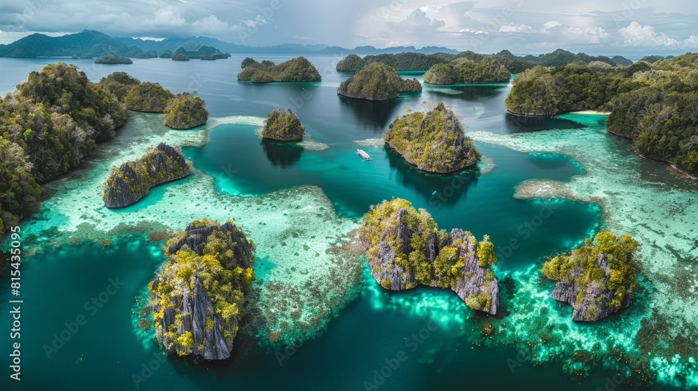 Aerial view of the Raja Ampat Islands in Indonesia, featuring the vibrant coral reefs, turquoise waters, and lush green islands.     