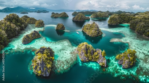 Aerial view of the Raja Ampat Islands in Indonesia  featuring the vibrant coral reefs  turquoise waters  and lush green islands.     