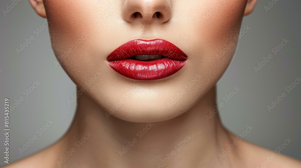 Close-up of woman's face against gray backdrop, lips painted boldly red Close-up of woman's face against gray backdrop, lips painted boldly red