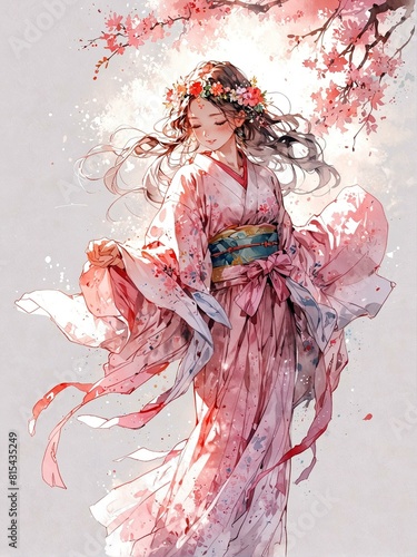 Beautiful girl in pink kimono with sakura blossoms and floral wreath