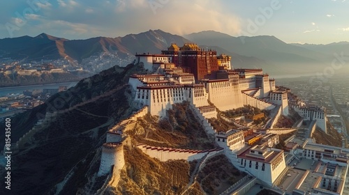 Aerial view of the Lhasa Potala Palace in Tibet, China, featuring the grand fortress-like structure with its white and red buildings atop Marpo Ri Hill.      photo