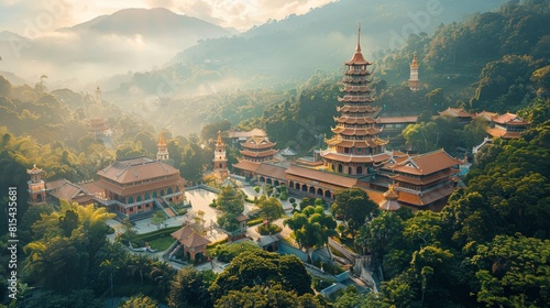 Aerial view of the Kek Lok Si Temple in Penang  Malaysia  with its towering pagoda and intricate architectural details set against a backdrop of lush hills.     